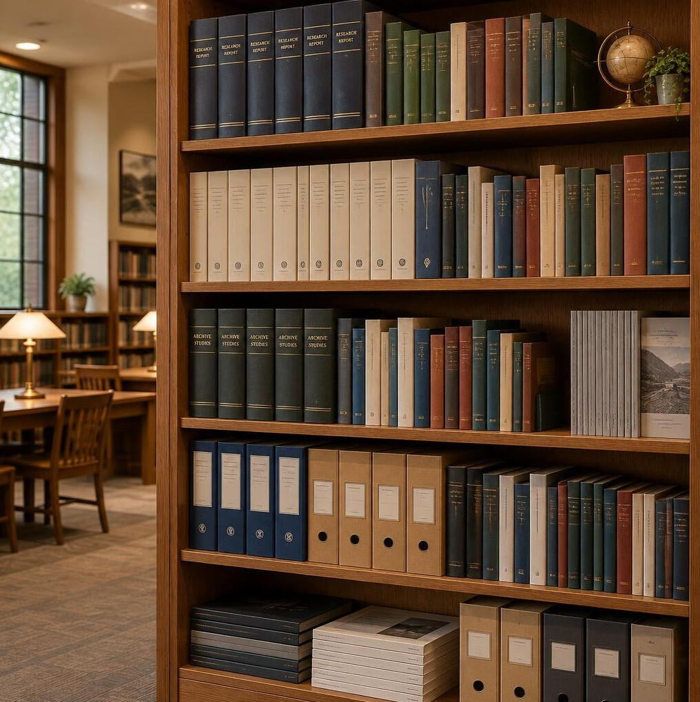 Shelves of books and archived research reports in a library