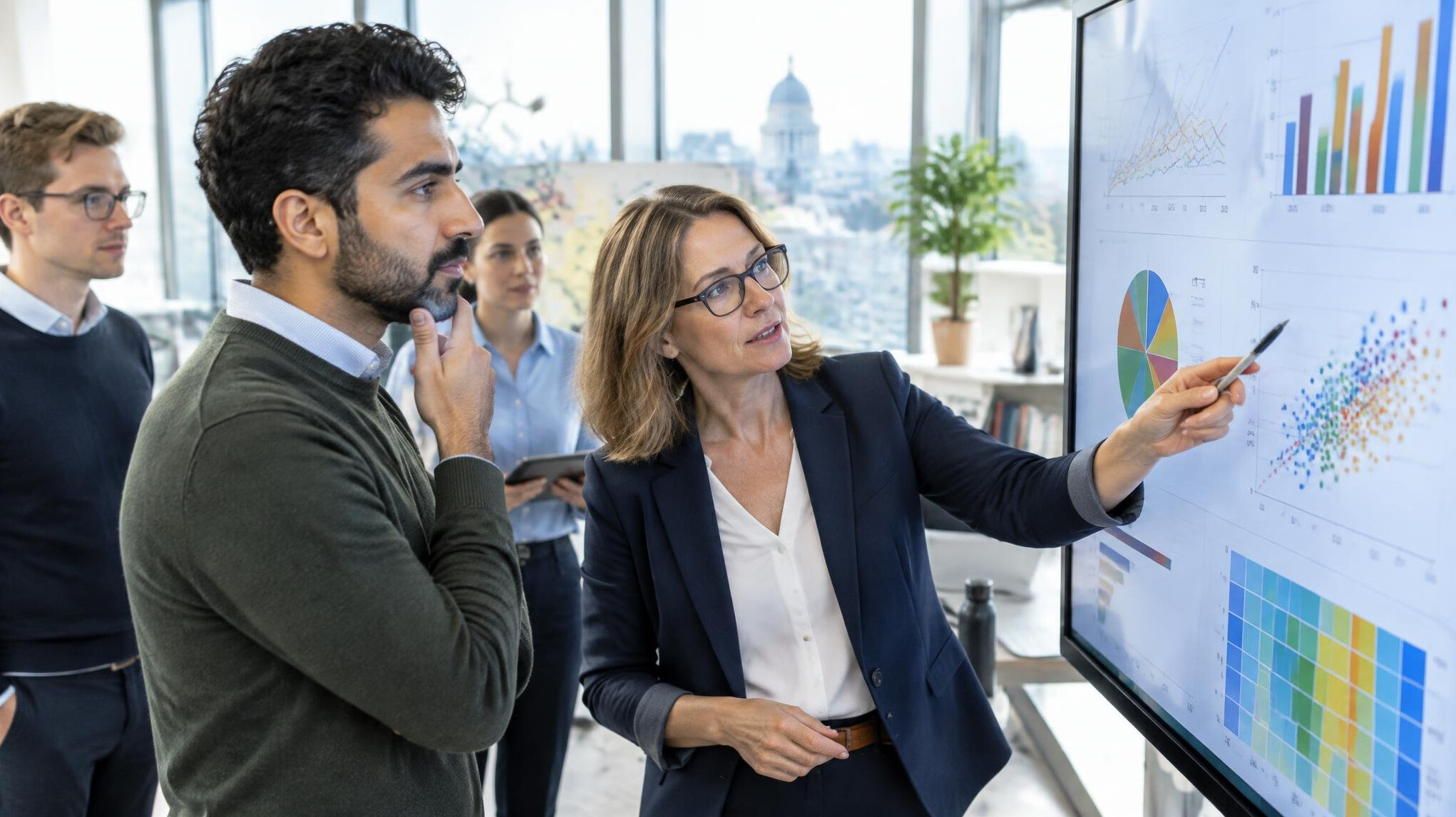Researchers analyzing data charts on a screen in a modern office