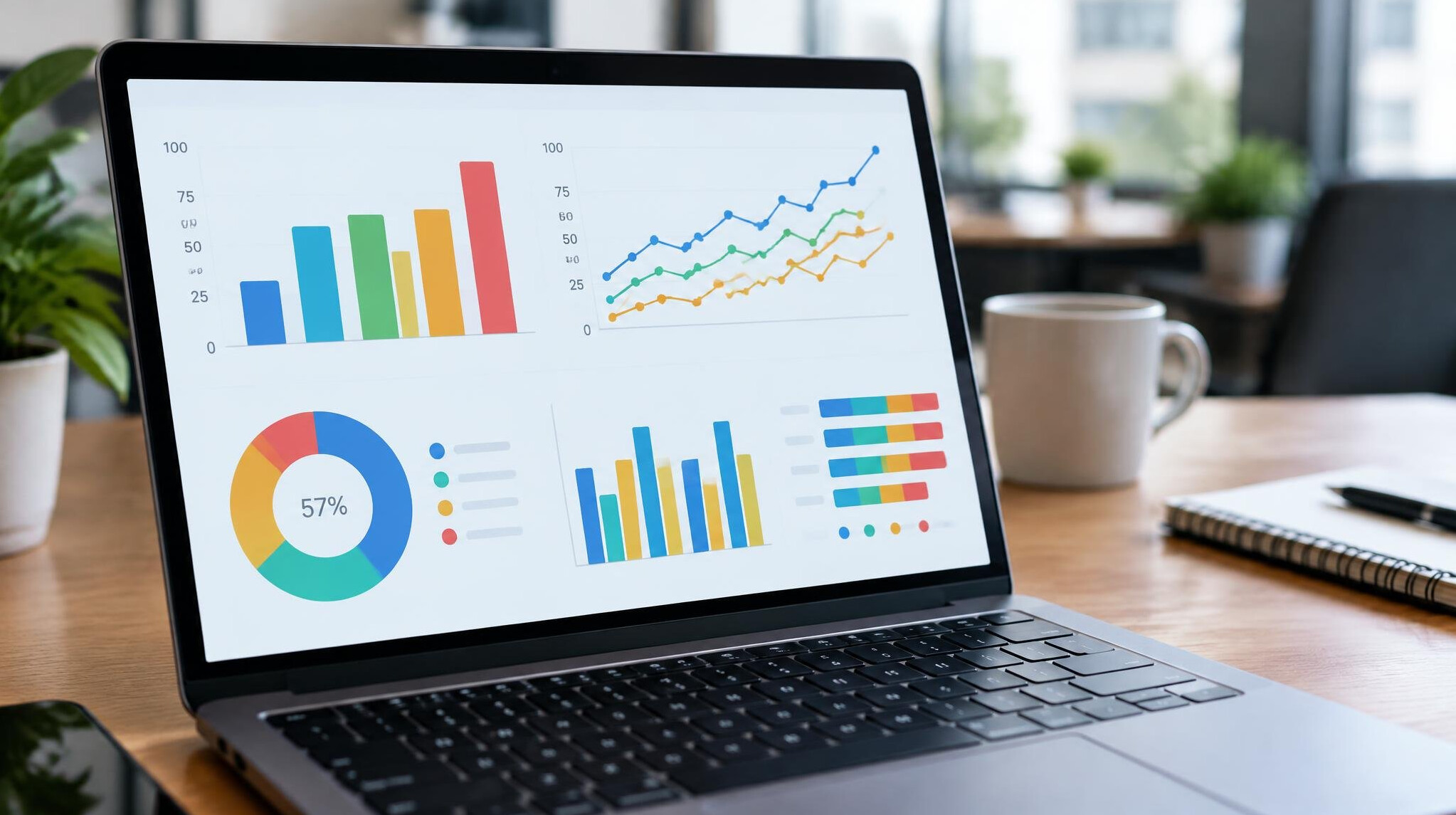Close-up of statistical charts and graphs on a laptop screen