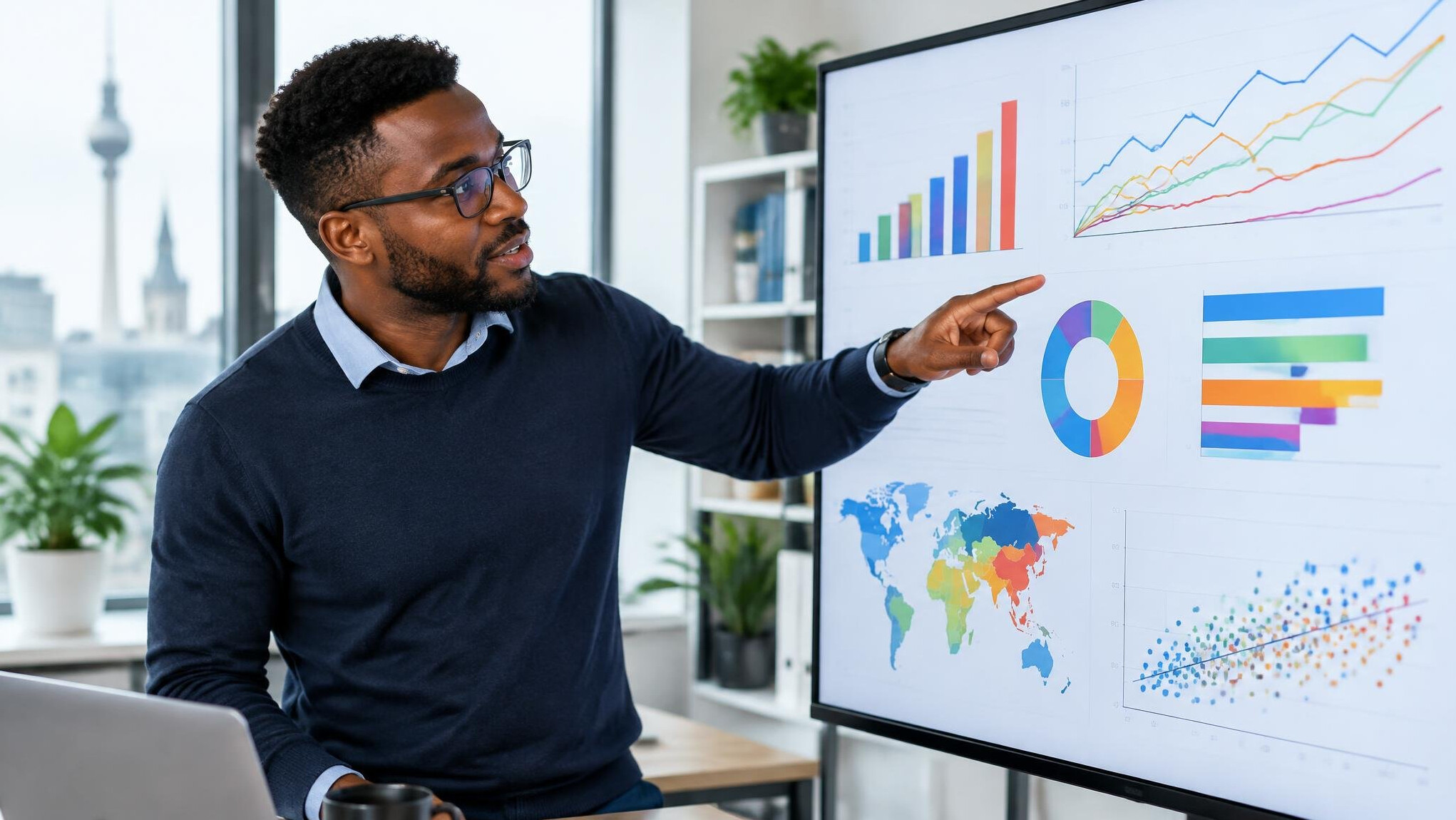 Analyst pointing at colorful data charts on a large monitor