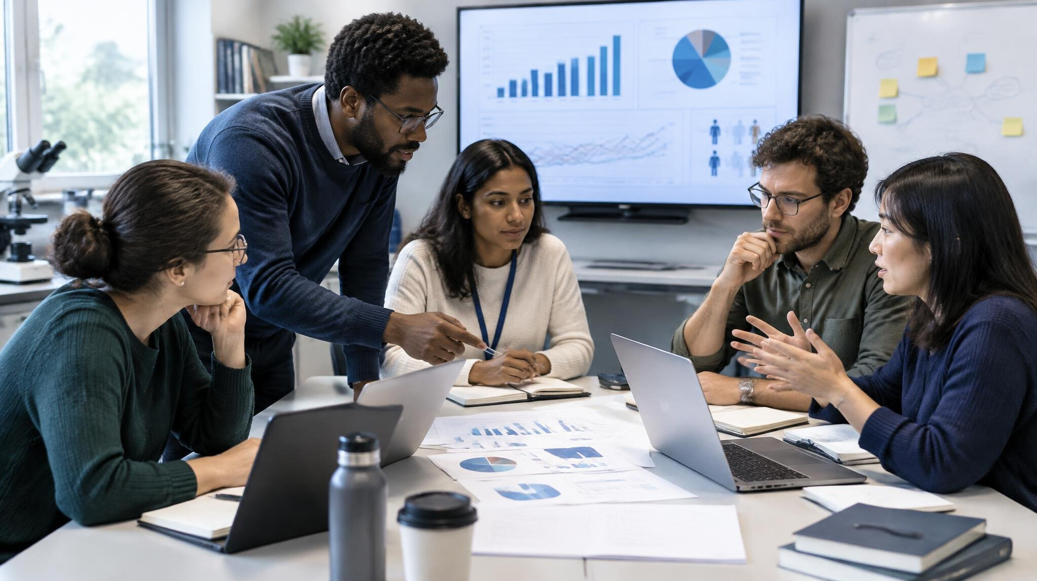 research team discussing survey results