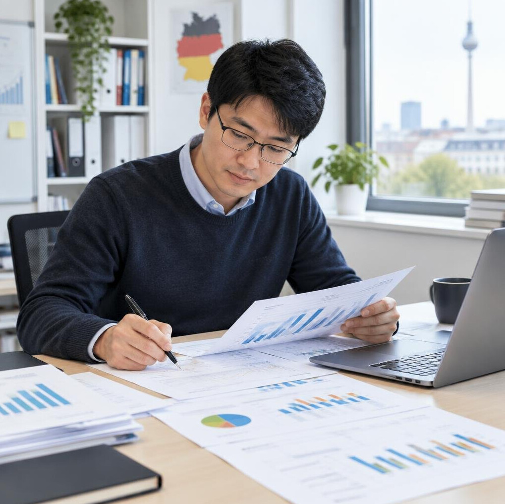 Analyst reviewing printed survey data at a desk